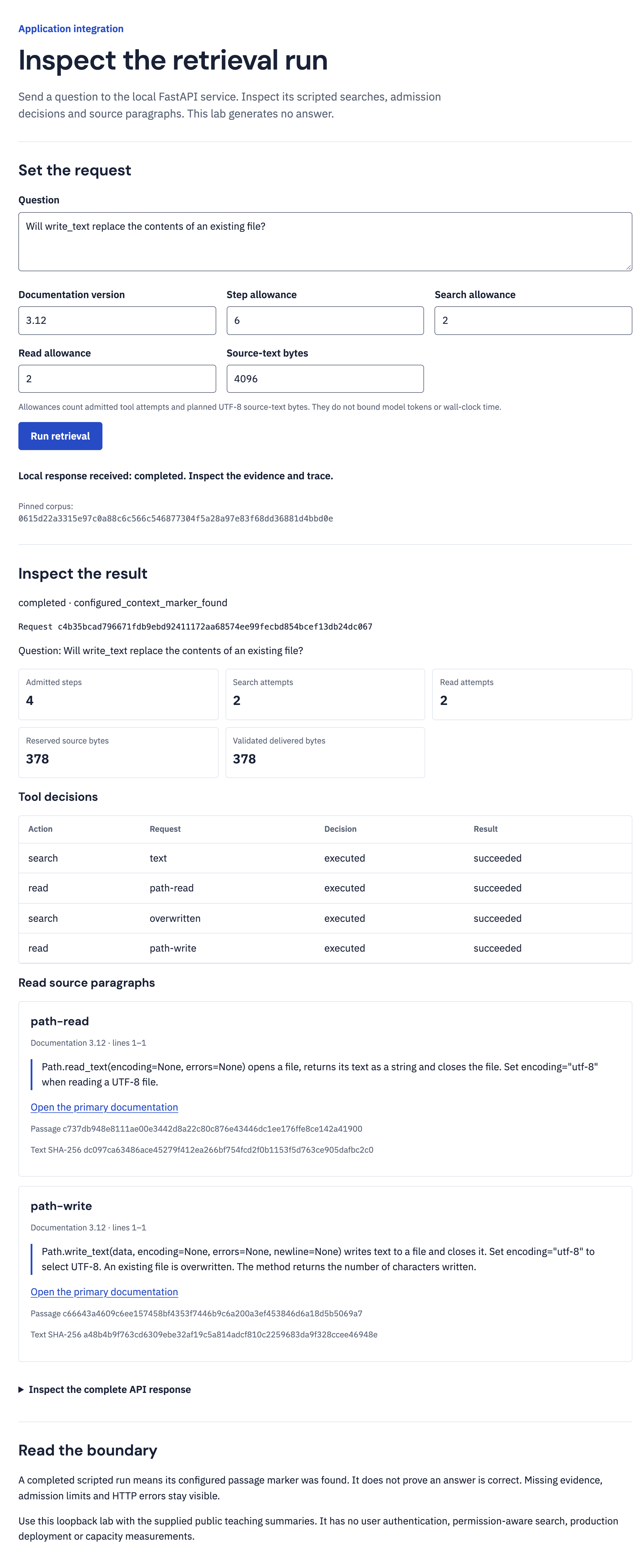 Retrieval inspector showing the local API response and retrieved source text.