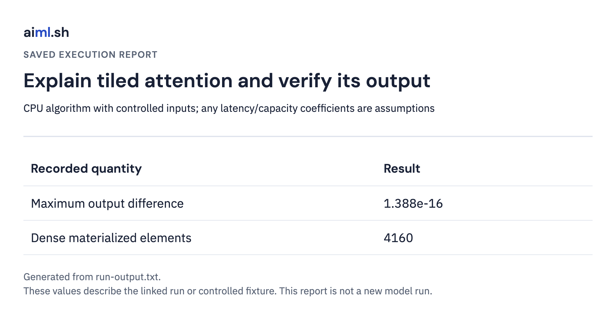 Saved output report for explain tiled attention and verify its output; execution mode and values come from the linked raw result.