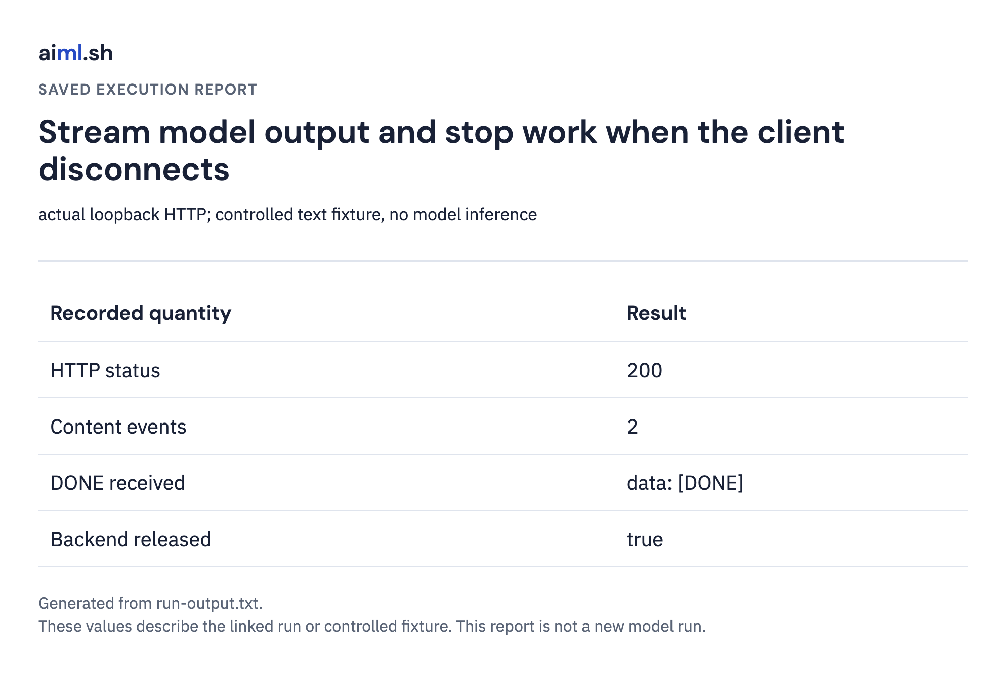 Saved output report for stream model output and stop work when the client disconnects; execution mode and values come from the linked raw result.